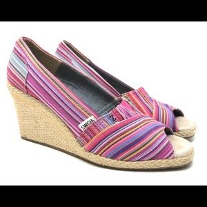 Tom’s multi color striped canvas peep toe wedge